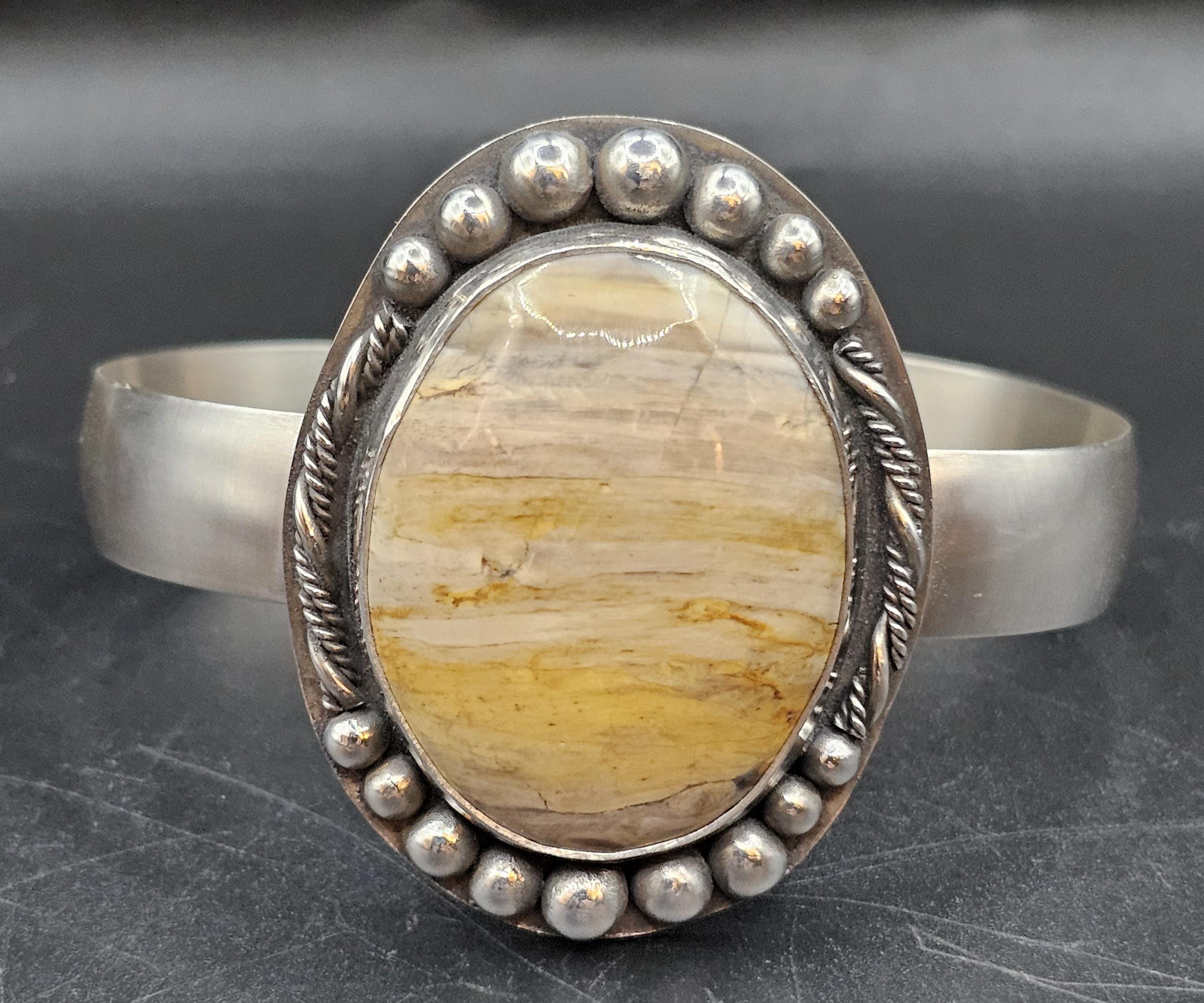 Sterling Silver Cuff Bracelet with Petrified Wood