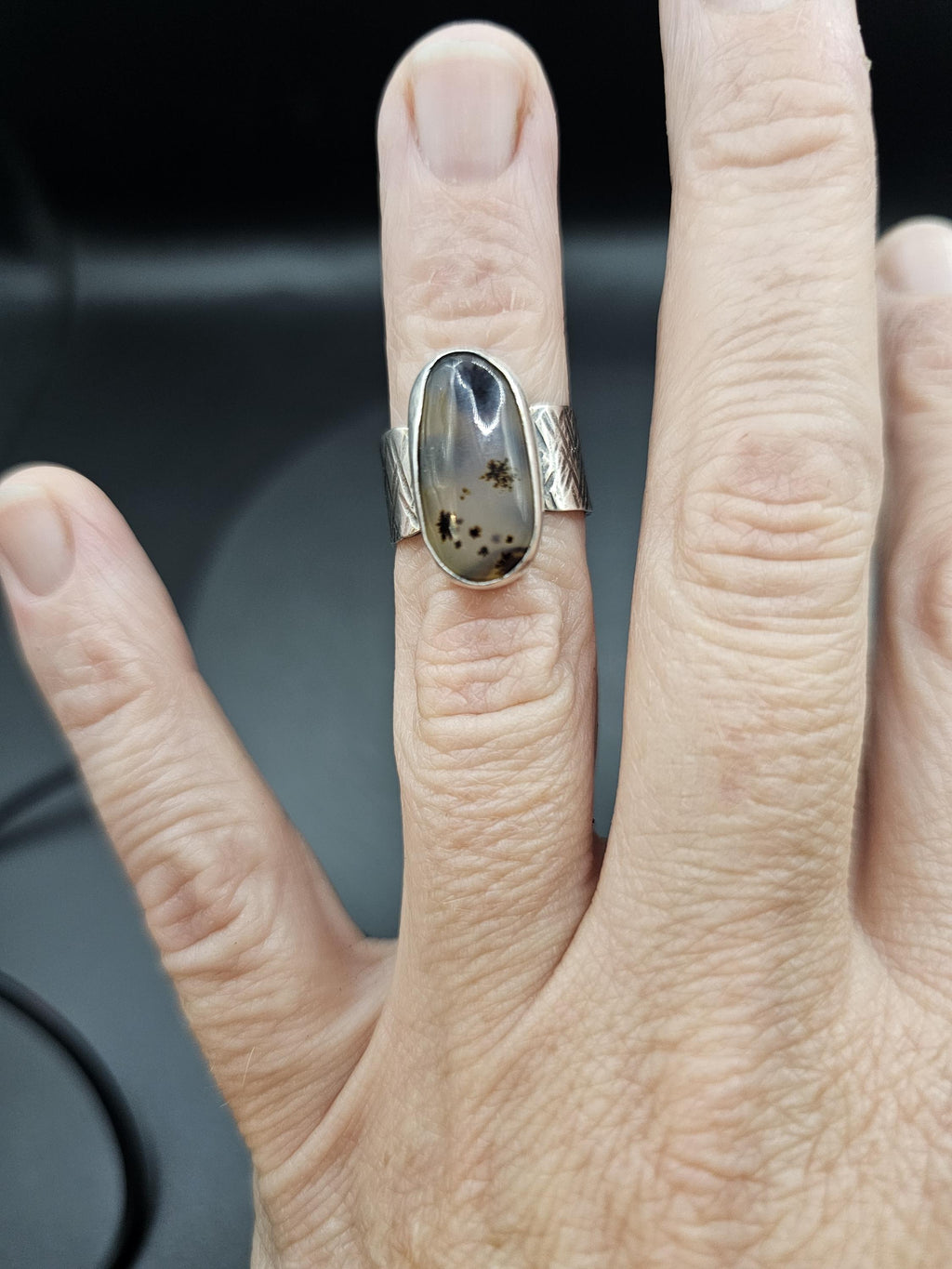 Sterling Silver Ring with Moss Agate. Size 5.5