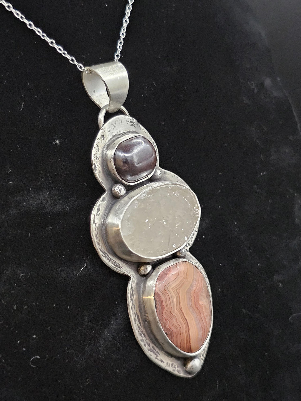 Sterling Silver Necklace Pendant with Hematite, Druse Quartz, and Missouri Lace Agate