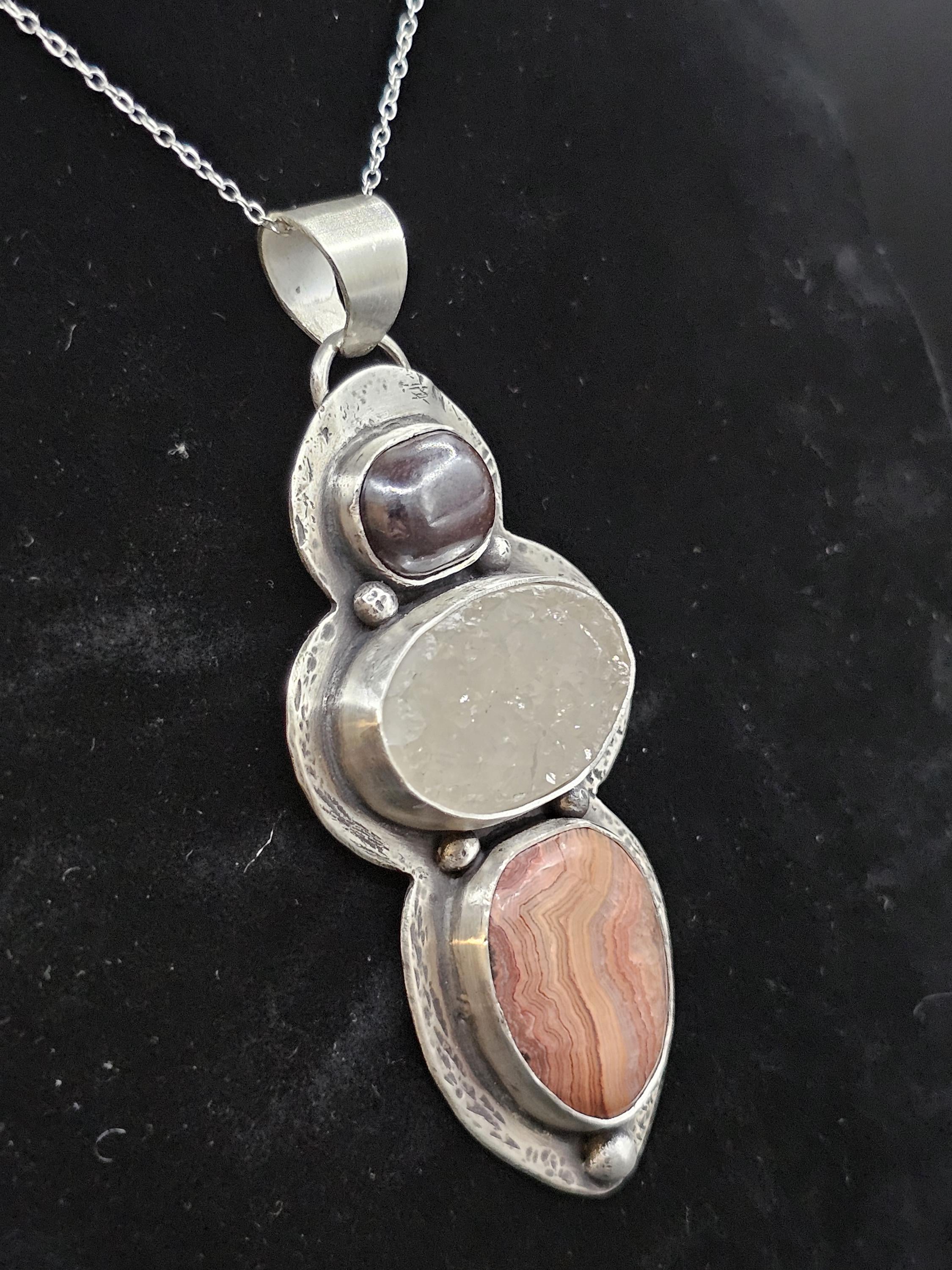 Sterling Silver Necklace Pendant with Hematite, Druse Quartz, and Missouri Lace Agate