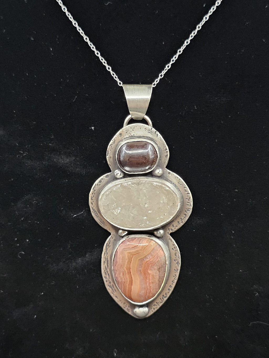Sterling Silver Necklace Pendant with Hematite, Druse Quartz, and Missouri Lace Agate