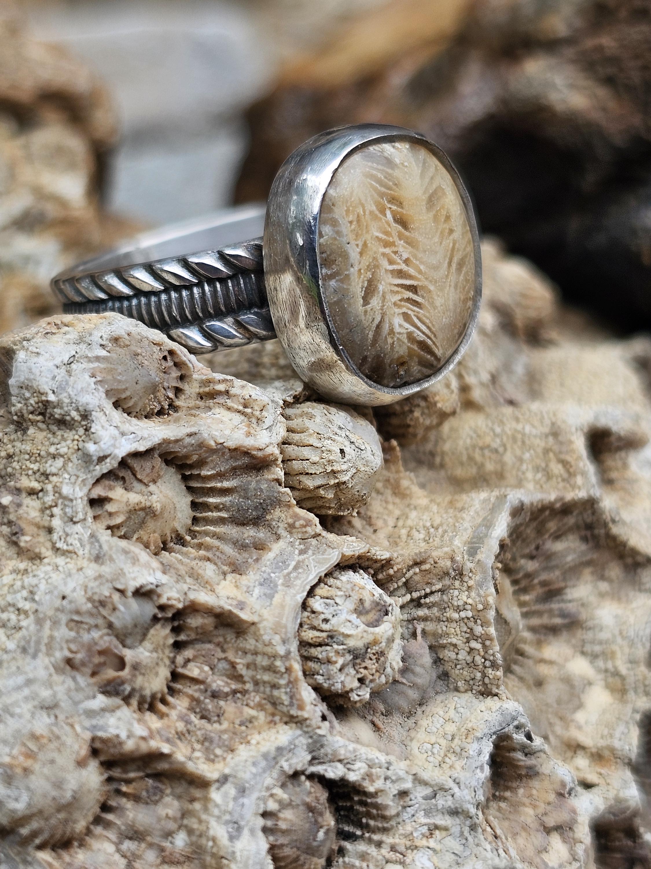 Sterling Silver Ring with Colony Coral Fossil