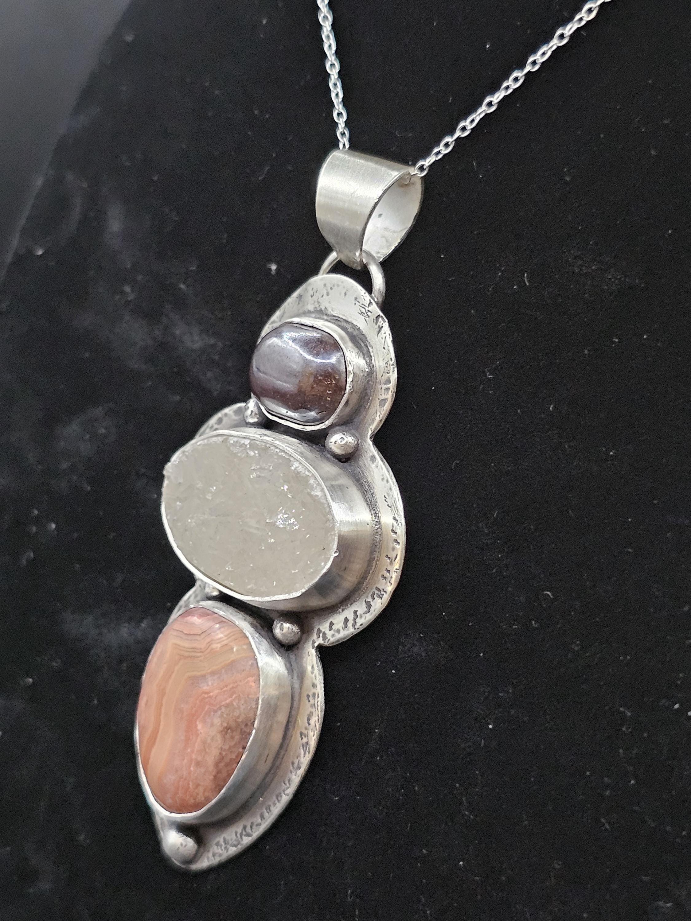 Sterling Silver Necklace Pendant with Hematite, Druse Quartz, and Missouri Lace Agate