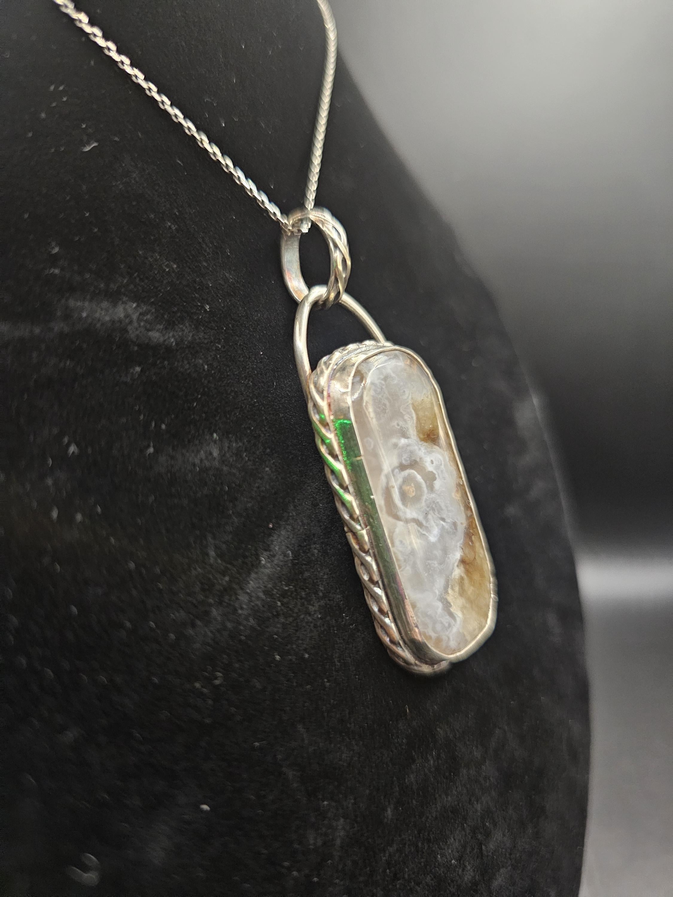 Sterling Silver Necklace Pendant with Moss Agate and 18" Chain