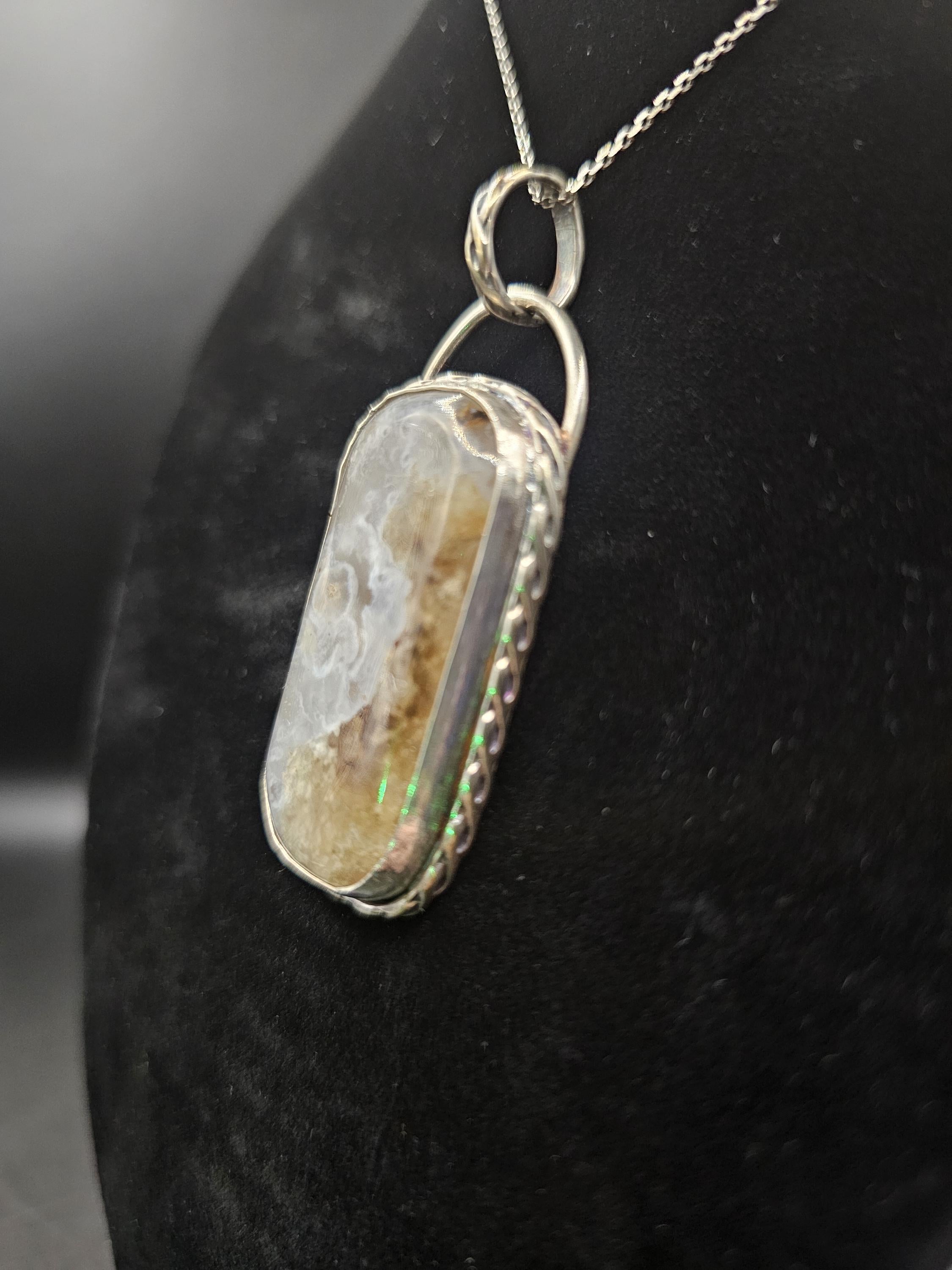 Sterling Silver Necklace Pendant with Moss Agate and 18" Chain