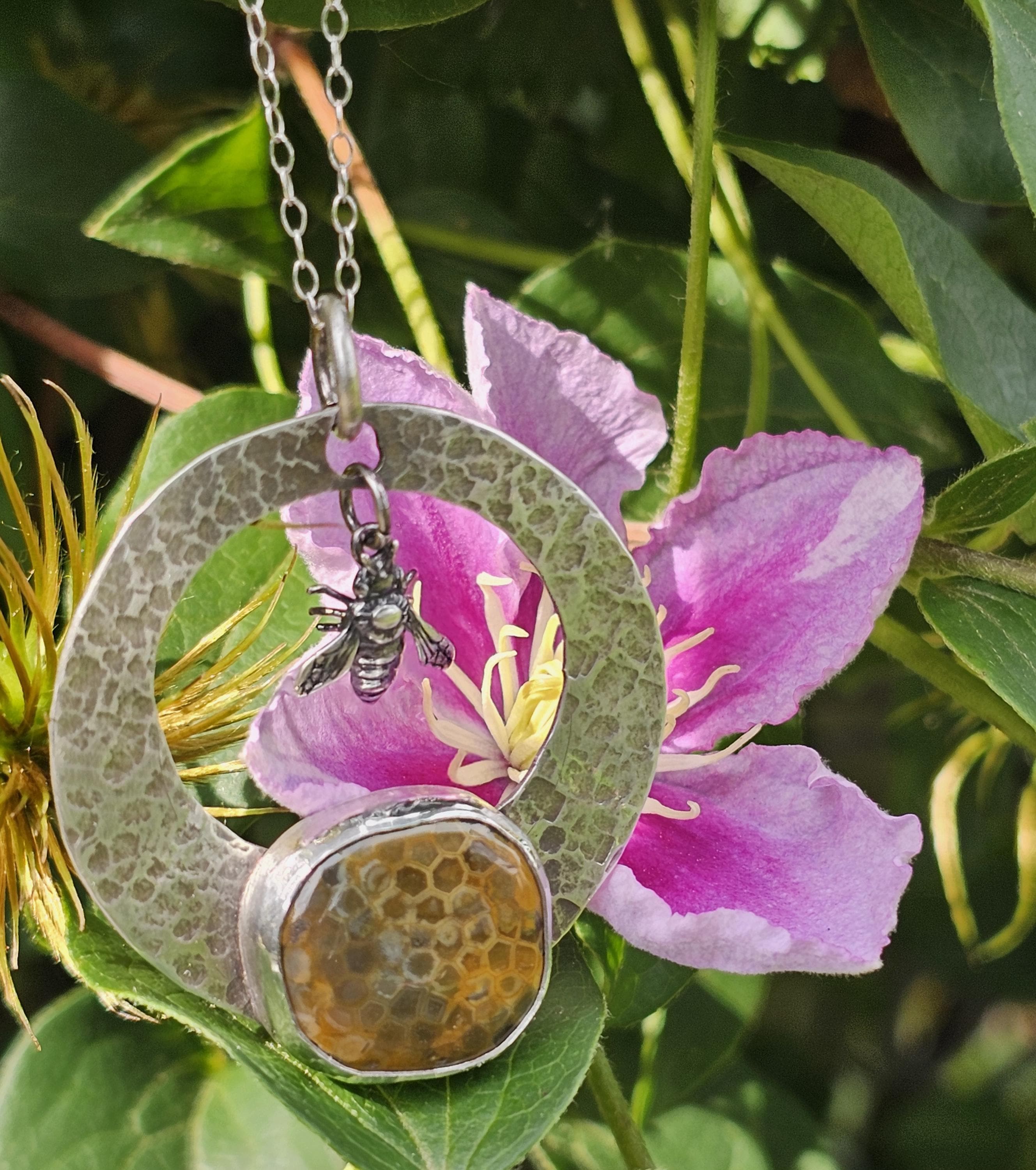 Sterling Silver Necklace Pendant with Honeycomb Coral