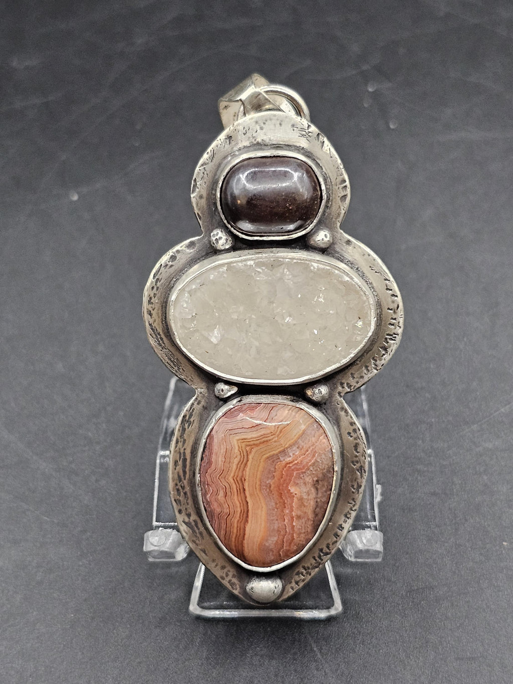 Sterling Silver Necklace Pendant with Hematite, Druse Quartz, and Missouri Lace Agate