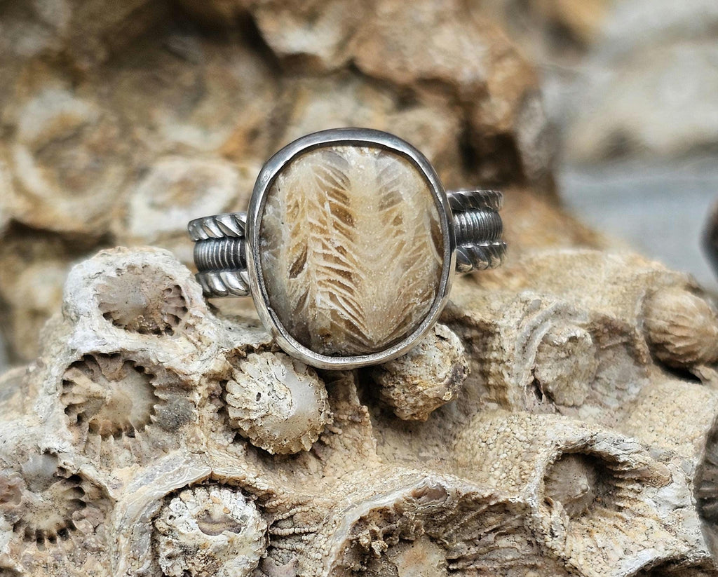 Sterling Silver Ring with Colony Coral Fossil